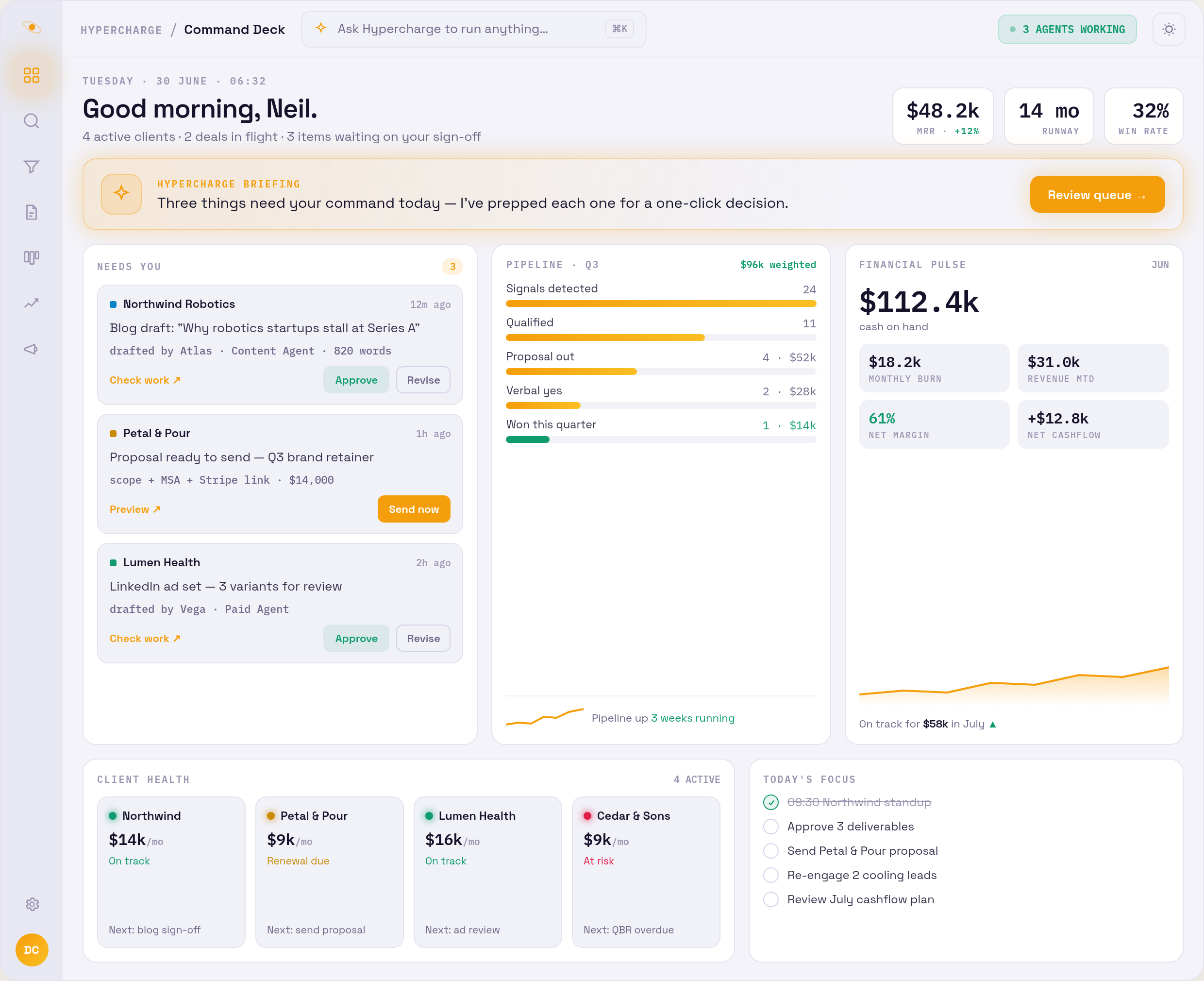 Hypercharge Command — your AI employees prepping decisions, pipeline and financials for one-click approval